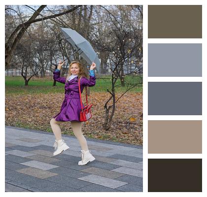 Bright Cloak Umbrella Autumn Clothes City Positive Woman Autumn Autumn Style Park Image